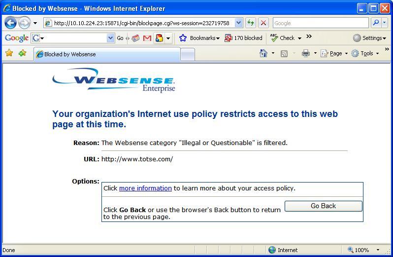 Screenshot of an error stating "Your organization's internet use policy restricts access to this web page at this time."