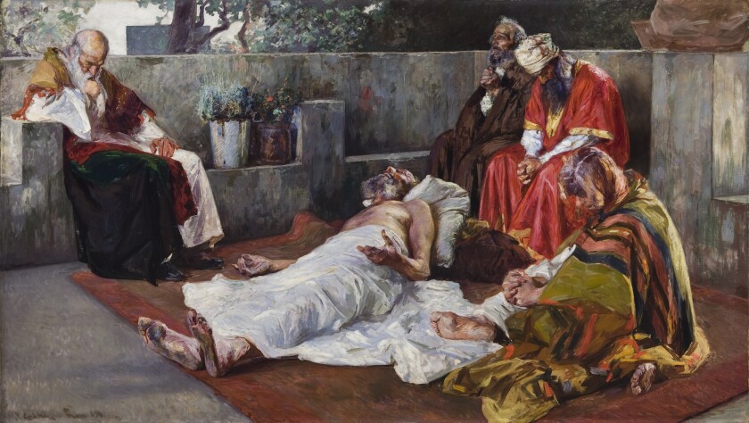 A painting of Job lying on the ground surrounded by others in brightly colored clothing