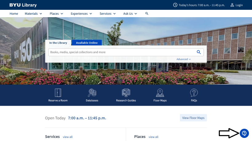 Image showing the BYU library home page, with a large black arrow pointing to the Feedback button on the bottom right of the screen.