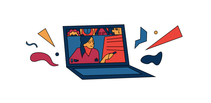 Graphic of a computer with red, orange, yellow and blue people on Zoom with a teacher pointing towards a board with other screens of students watching and shapes coming away from the laptop.