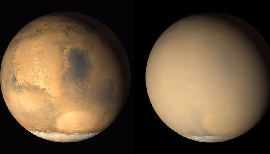 Images courtesy of NASA show Mars before and after global dust storms.