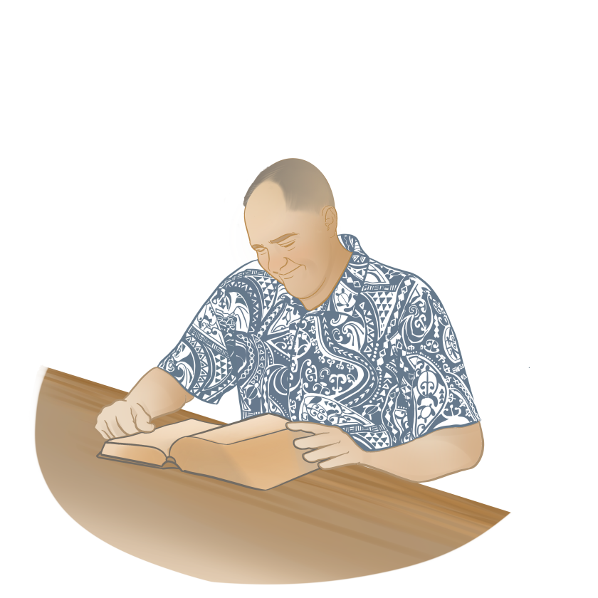A drawing of a man in an aloha shirt sits at a desk and reads a book.