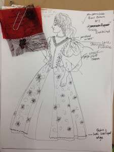 A rough rendering of a ball gown costume, featuring edits and updates