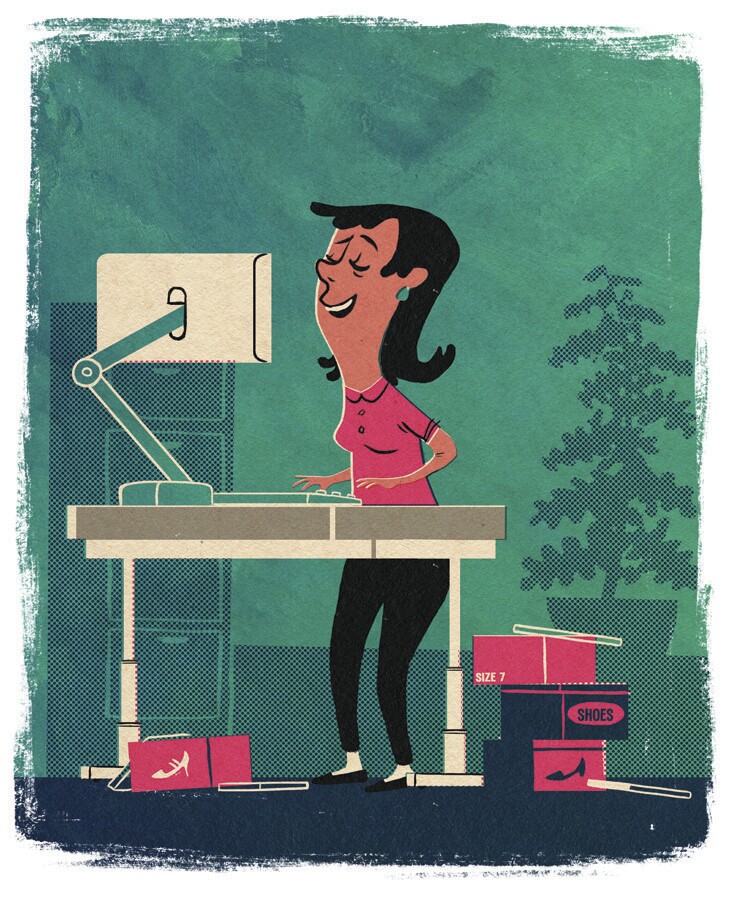 Cartoon woman working at a standing computer