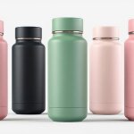 Five modern colored water bottles arranged in a row against a clean white background.