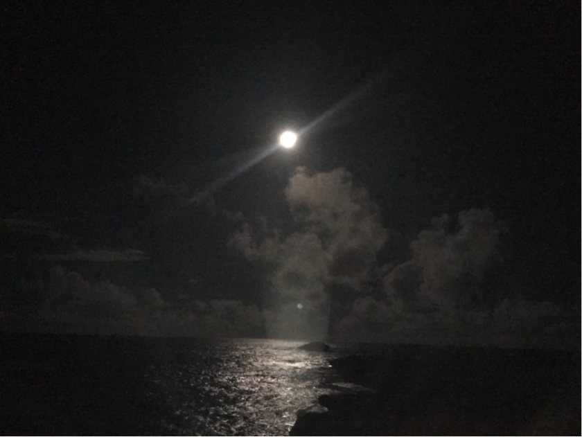 The bright moon in a dark sky over a moon lit ocean