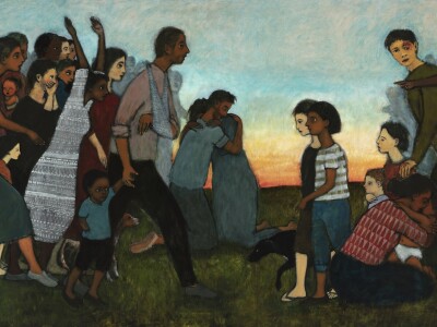 A painting of two crowds of people approach each other and embracing