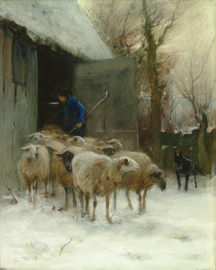 Shepherd and Sheep in Snow