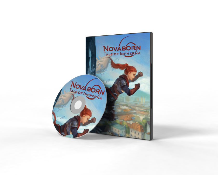 graphics illustration of a DVD case and CD depicting a red-haired girl in battle gear in a fighting stance above a village with the words "Novaborn Tale of Inpherna" written on it