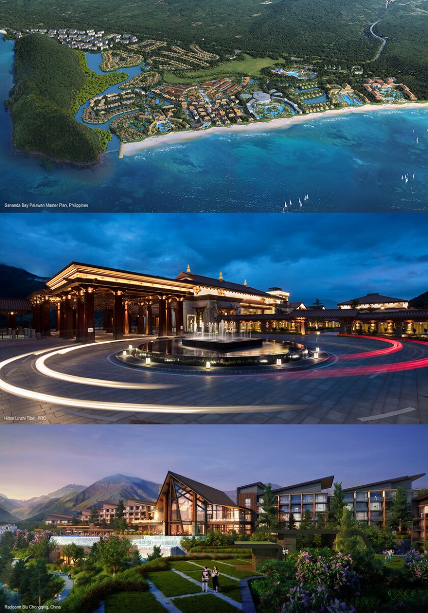 Three different renderings of past projects Candari has completed. The top images is a rendering of an aerial view of a resort, the middle images is a picture of another resort, and the bottom image is a pictures of a resort.