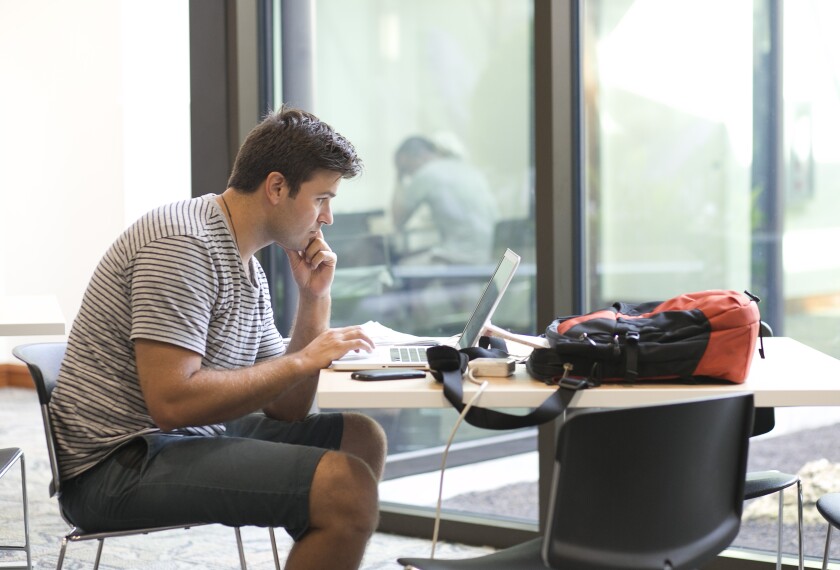 Photo of a male student studying on a laptop