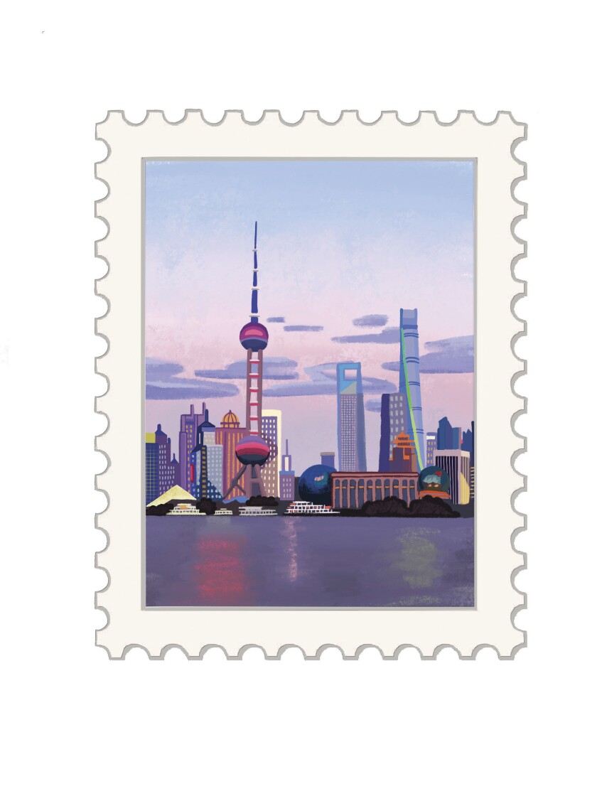 Shanghai, China postal stamp illustration.