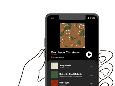 graphics illustration of a smart phone Spotify queue listing songs such as "Sleigh Ride" by Ella Fitzgerald and "Hallelujah" by Pentatonix, held by the outline sketch of a hand against a blank background