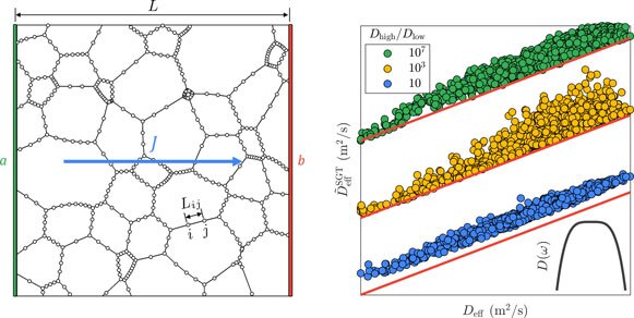 Image of a grain boundary network and a plot of the predicted vs exact effective diffusivity of the grain boundary network.