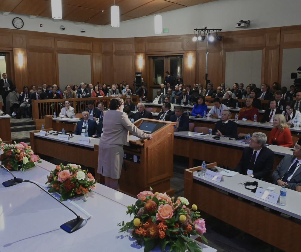 View of the BYU Law school classroom with a woman in a suit addressing the audience