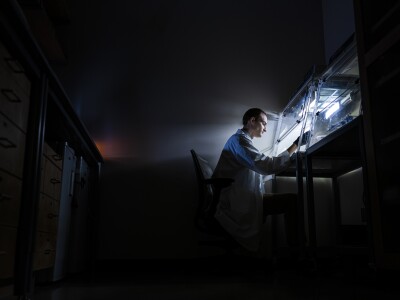Calvin Smith sitting at his desk, studying a sample