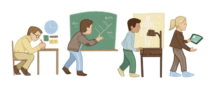 Illustration mimicking the apes to man illustration with four figures. From left to right: a light-skinned man with short dirty blonde hair wearing a yellow button down and tan slacks sits in a chair and bends over a desk writing with a pencil. There are several sticky notes on the wall behind him and a blue clock. The second figure is a light-skinned woman with short light brown hair bends forward as she draws a phylogenetic tree on a green chalkboard. She's wearing blue pants with a white stripe down the side, a blue striped button down, and a brown cardigan with an elbow patch. The third figure is a medium-skinned man with short dark brown hair leans on a brown projection stand shining a human skeleton on a yellow background behind him. He's wearing a gingham blue shirt and green pants. The fourth figure is a light-skinned woman with long blonde hair tied up a ponytail, wearing light brown pants and a cropped brown sweater. She's presenting in front of her, carrying a tablet.