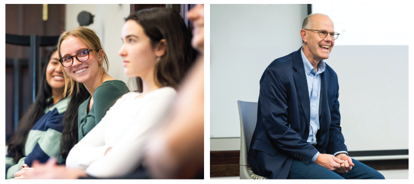 2 images - students in a class and a professor