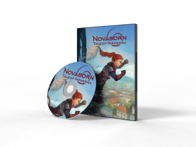 graphics illustration of a DVD case and CD depicting a red-haired girl in battle gear in a fighting stance above a village with the words "Novaborn Tale of Inpherna" written on it