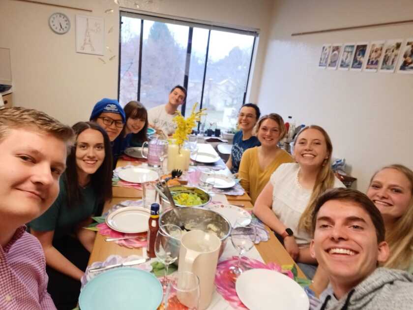 Sam Sasser in the bottom right at a language dinner for Easter.