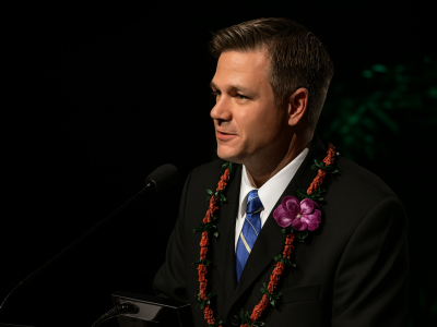 Isaiah Walker is wearing a black suit and lei