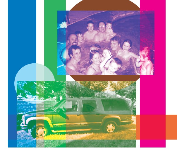 Toby Adler and family in a hot tub. Also shows the old Suburban wagon they had.