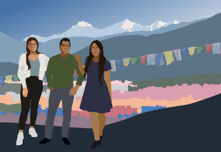 An illustration of three people standing next to each other with flags and mountains in the background.