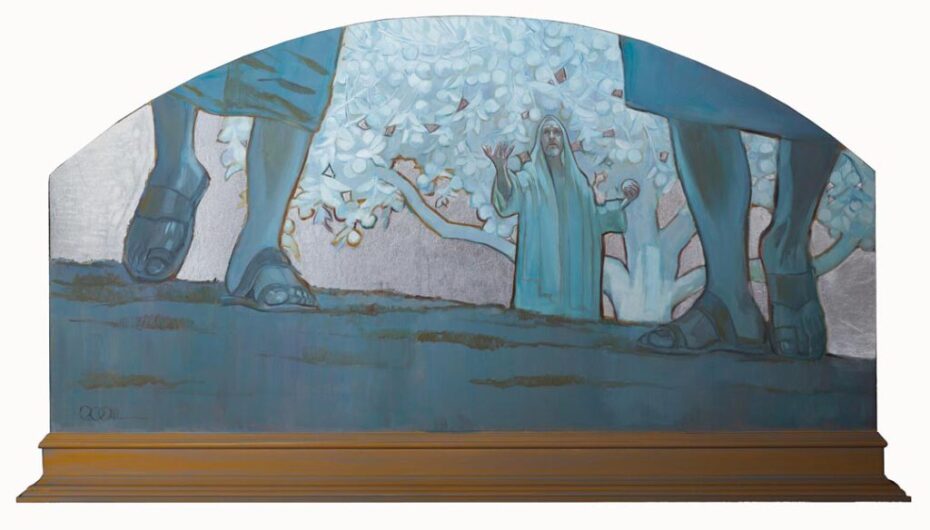 Rose Datoc Dall, A Father’s Plea, oil and metal leaf on panel, 43 x 23.5 x 3 inches, 2020.