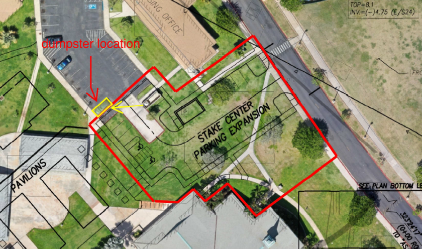 A map of Dog Leg Parking. The parking is in between Stake Center Pavilions and Mikionele Way, and it connects to TVA Parking.