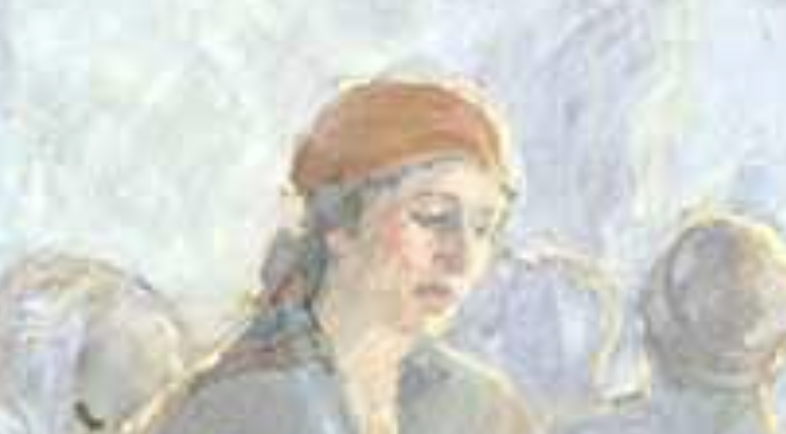 A painting of a woman with a red head covering