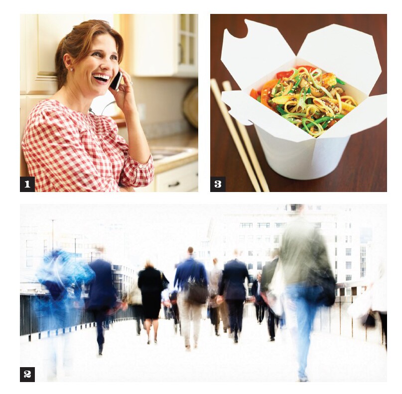 1. person talking on the phone 2. people walking 3. box of asian food