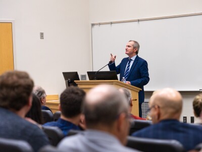 French Senator Stéphane Demilly talking to BYU students.