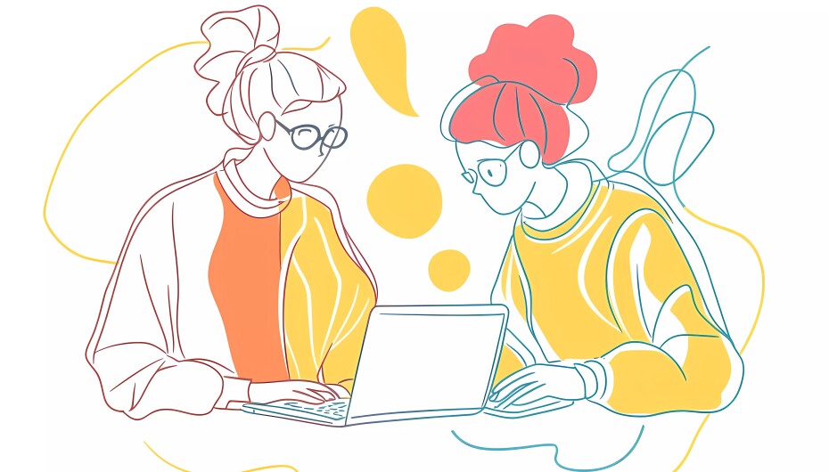 An illustration of 2 people studying
