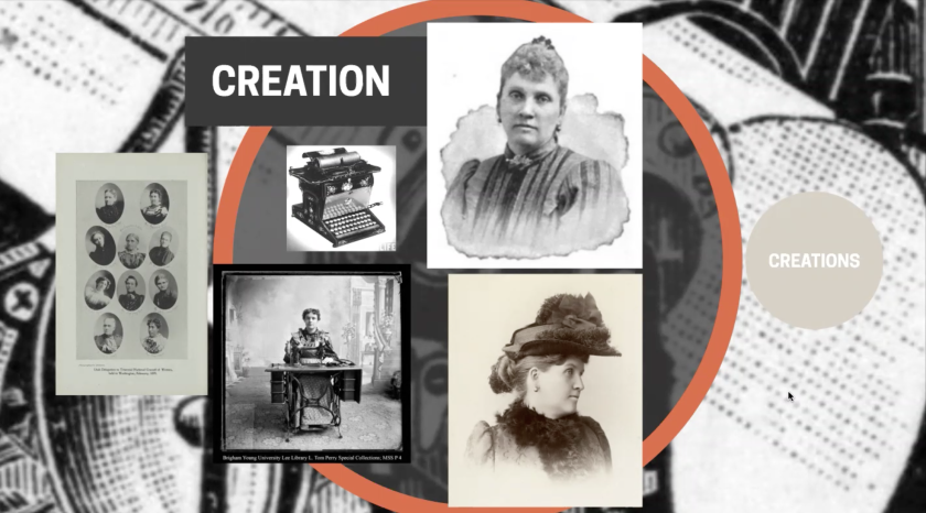 Screenshot of Zoom event with old back and white photos of Susa Young Gates, a typewriter and small circles of other women with the words "creation, creations" on the slide.