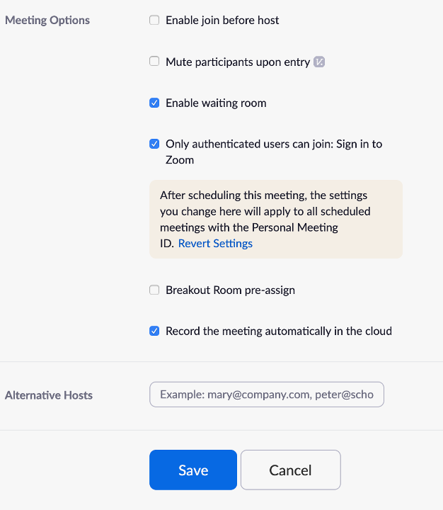 Record the meeting automatically in the cloud.