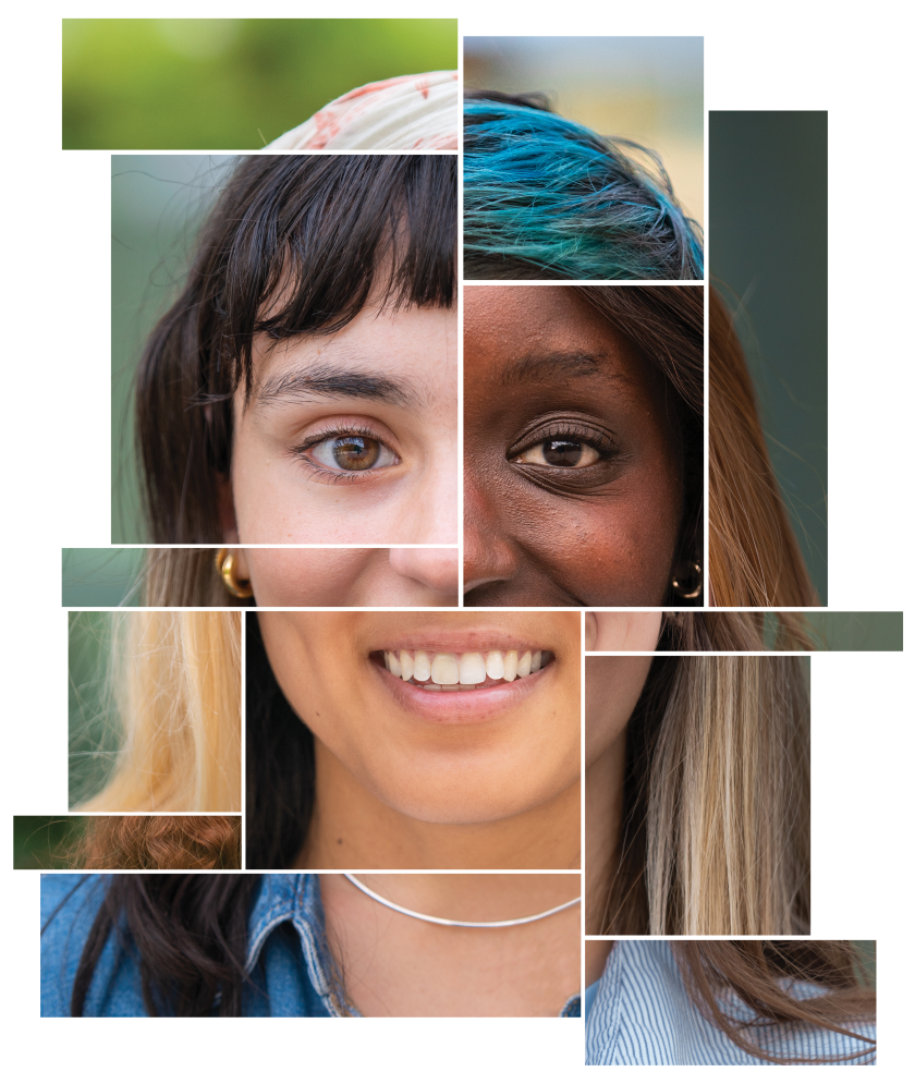 Collage of thirteen rectangles, each featuring a different woman's facial feature so that the overall image is of a patchwork woman's face. She has brown eyes and light, medium, and dark skin tones. The patchwork woman has wavy dark brown hair, cropped blue hair, curly red hair, wavy blonde hair, straight brown hair, and straight brown hair with blonde highlights. She has two small good hoop earrings and a simple silver necklace. On the left side she's wearing a blue denim collared shirt and on the right side she's wearing a collared shirt with thin blue and white stripes.
