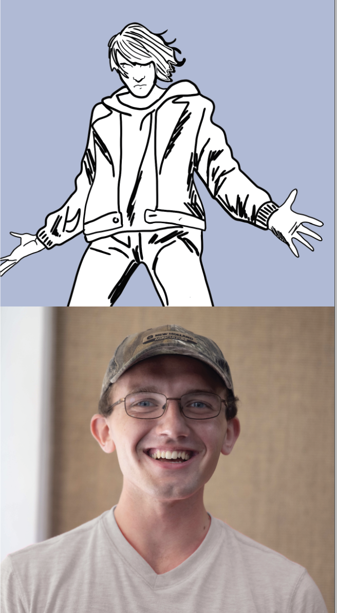 mixture of graphics and photos with a graphic illustration in black and white against a blue background of Percy Jackson and a photo of a male student wearing a hat beneath it
