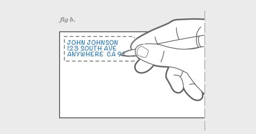 image of a hand writing in the return address field of an envelope