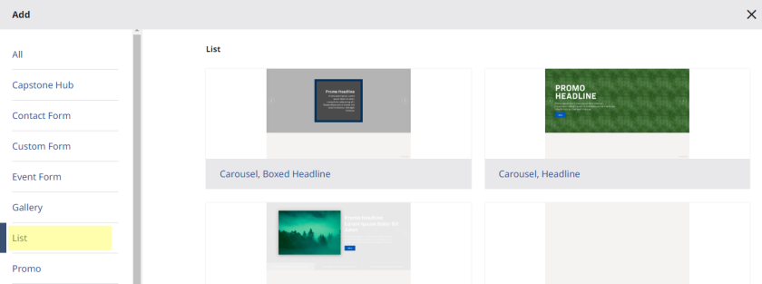 An image of the addon list with list tab being highlighted and on the right side of the page being a variety of list styles.