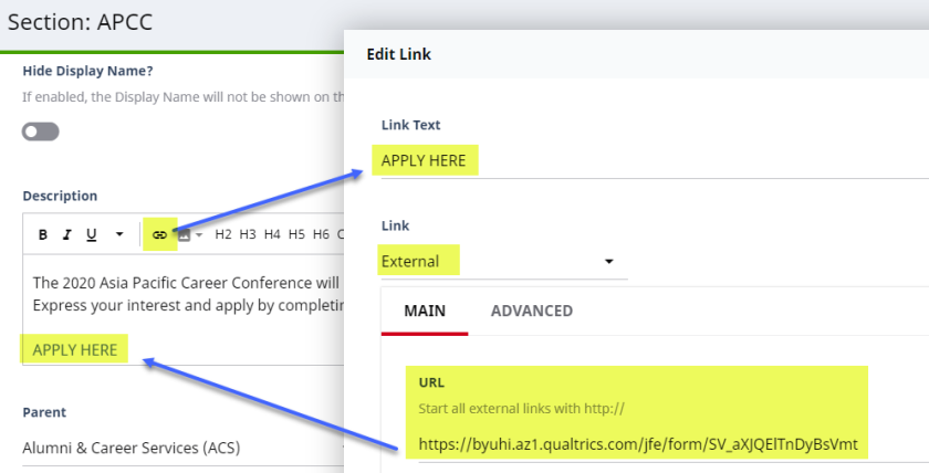 An image showing an instruction on how to use the external link on Brightspot.