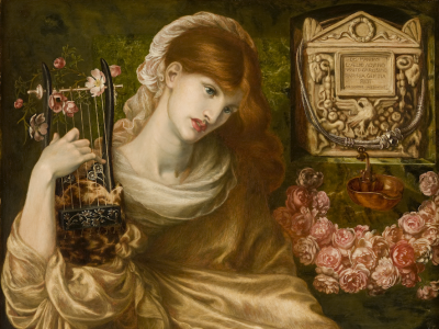A painting of a pale woman with red hair and an ornate golden dress holding a lyre