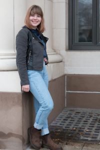 BYU student Andrea Patterson takes a break from wearing skinny jeans, a style she