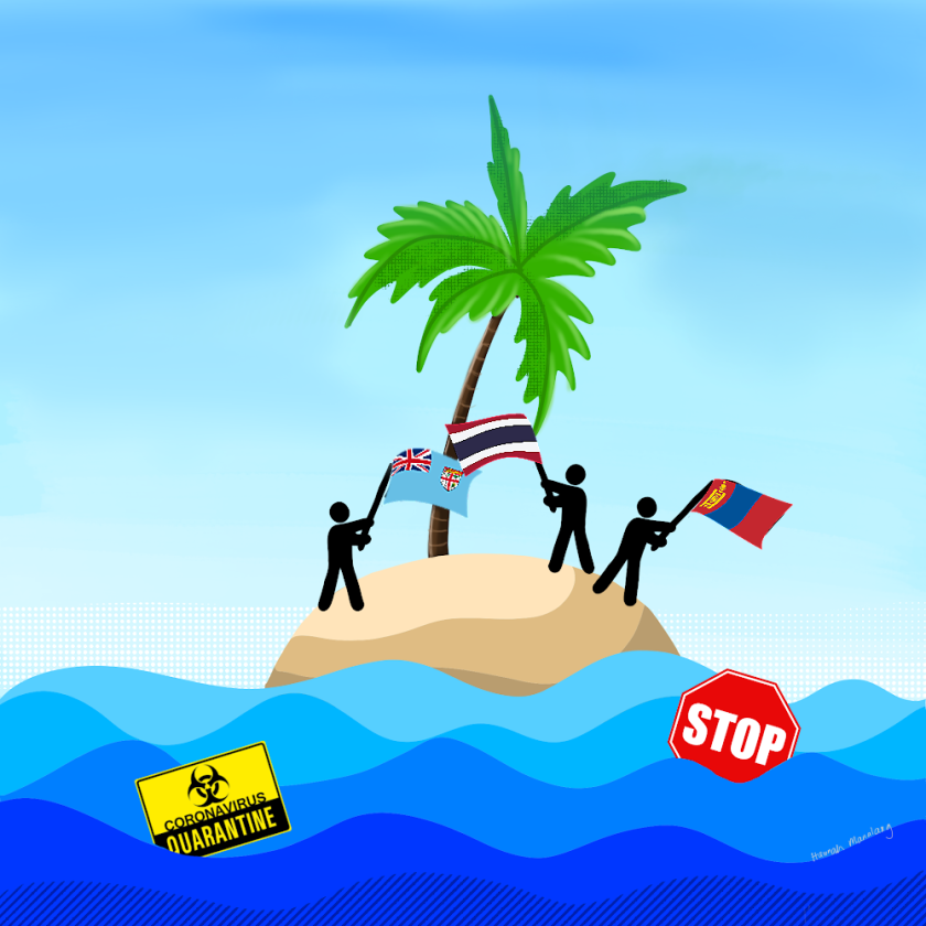A graphic of three people waving flags on an island with a stop sign and a coronavirus warning sign floating in the water around the island.