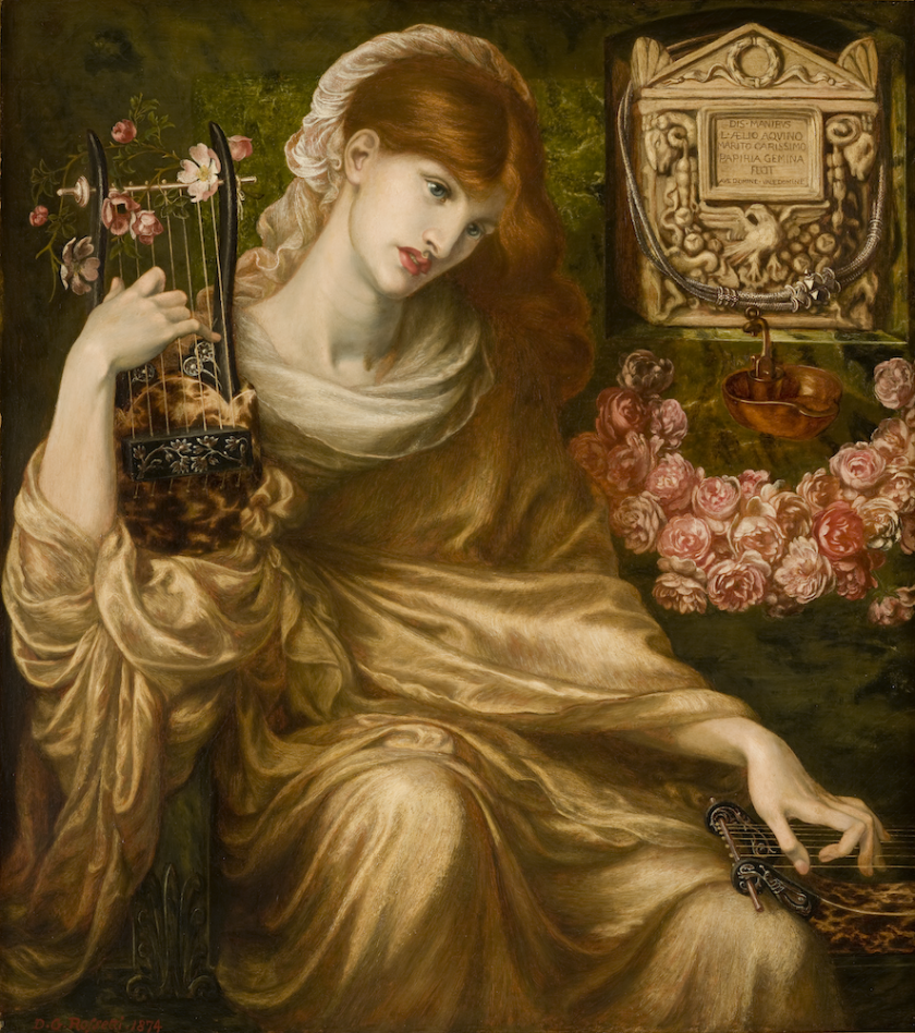A painting of a pale woman with red hair and an ornate golden dress holding a lyre