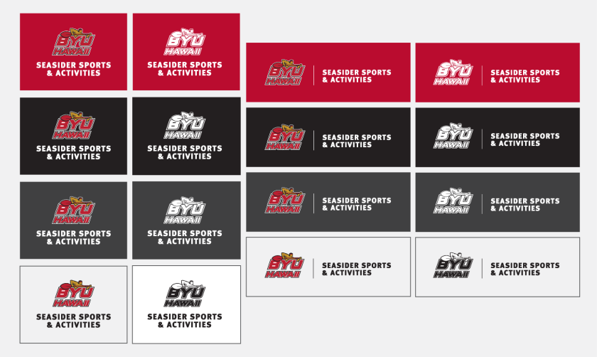 The Seasider Sports & Activities logos placed on white, greys, crimson, and black and in the school's official colors and neutral colors like white and grey.