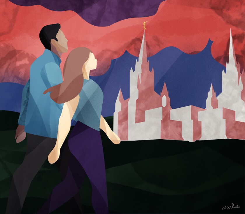 Graphic of a man and woman walking together with clouds and a temple in the background.