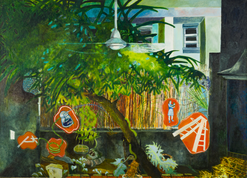 A painting of a tree leaning to the viewer's left, surrounded by surreal orange shapes containing assorted objects