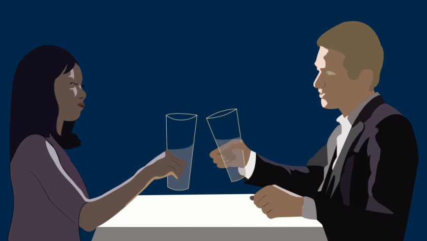 An illustration of a couple toasting each other during a date