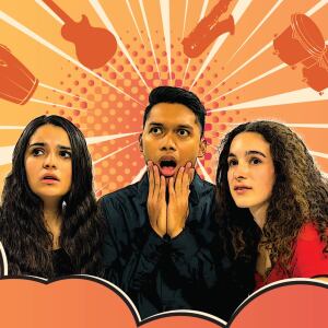 Three students looking surprised with a comic book-type background with musical instruments.