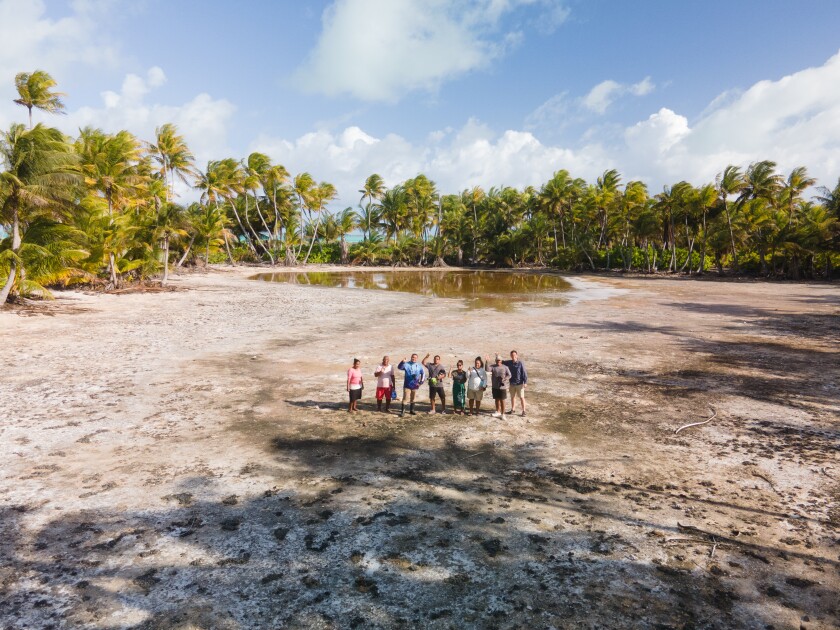 A drone shot of the entire HTM Kiribati team with some trees and sand around them